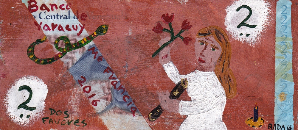 <b>Ma Francia (billete)</b><br>Técnica: Acrilico sobre papel moneda<br>Dimensiones: 7x15,5cm<br>Año: 2016