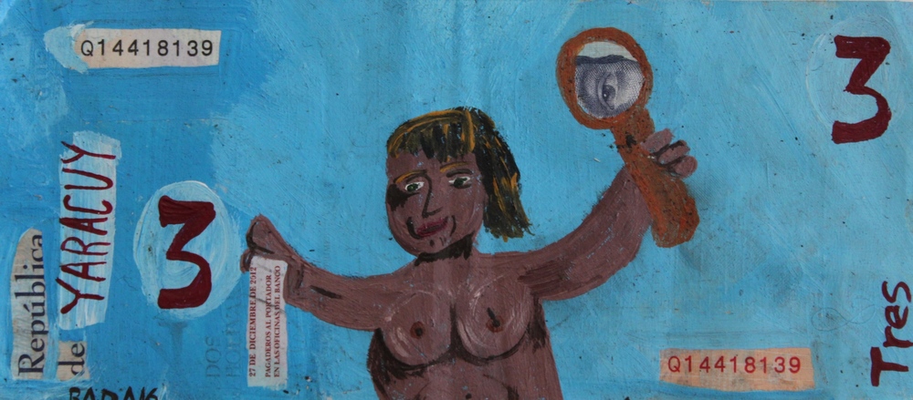 <b>MdelaO</b><br>Técnica: Acrilico sobre papel moneda<br>Dimensiones: 7x15,5cm<br>Año: 2016