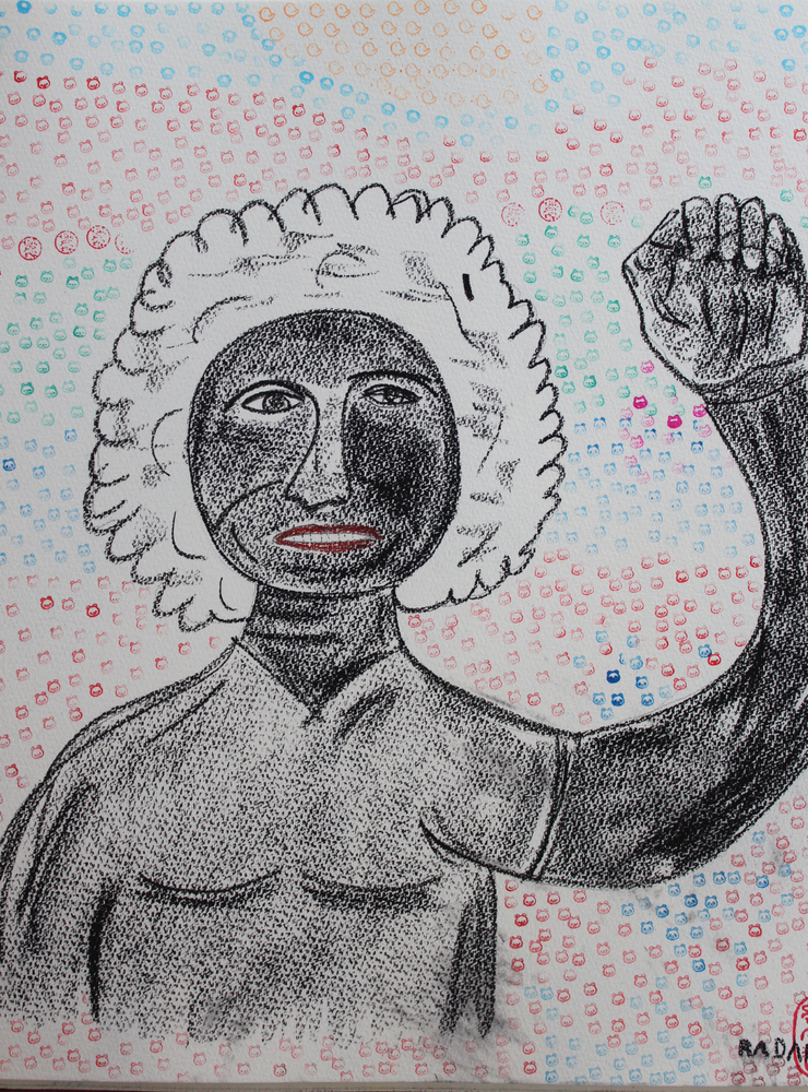 <b>Argelia L</b><br>Técnica: Carboncillo y sellos caucho sobre papel<br>Año: 2015