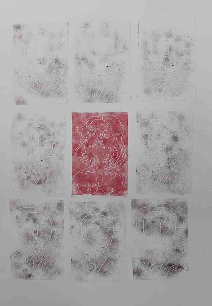 <b>4</b><br>Técnica: Sellos, tinta sobre papel y acrilicos